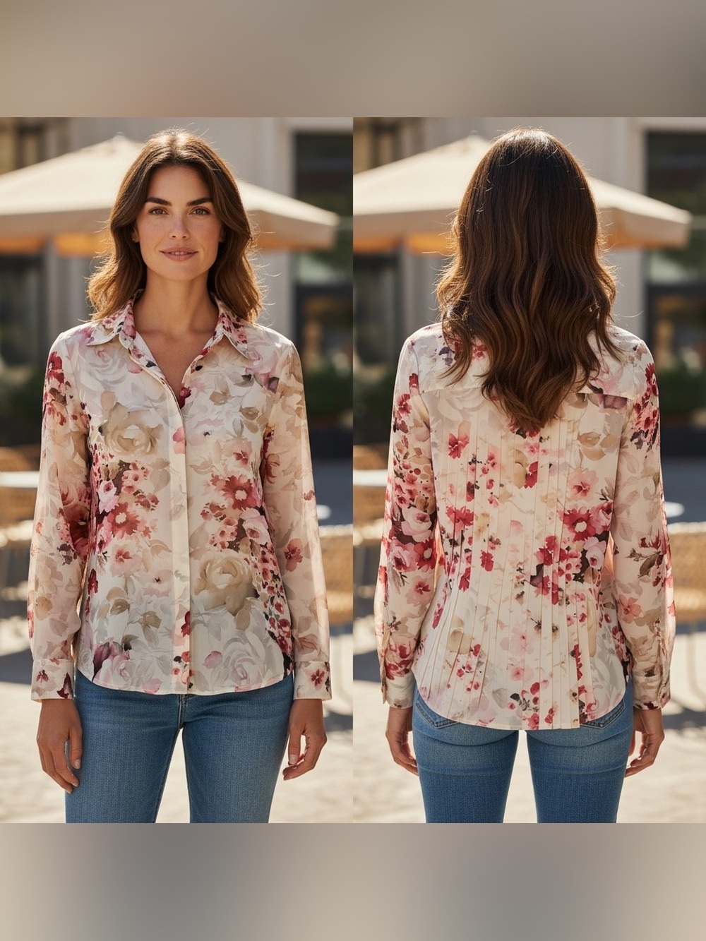 Chaps Sheer Cream Floral Button-Front Blouse with Pink Accents-Pleated Back